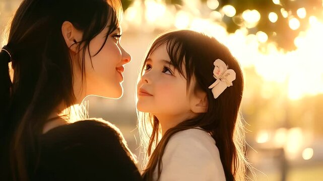 A young mother gently kisses her daughter&rsquo;s forehead in a sunlit park, love radiating from their expressions. The soft glow of golden hour adds warmth and depth to the moment.