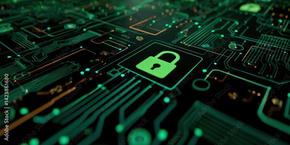 Aufkleber a digital circuit board with glowing lines and a green lock symbol, representing cybersecurity and d