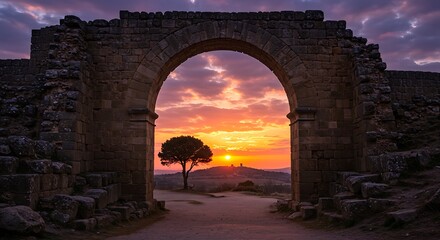 Stone archway frames a vibrant sunset with a lone tree silhouetted against the colorful sky horizon view