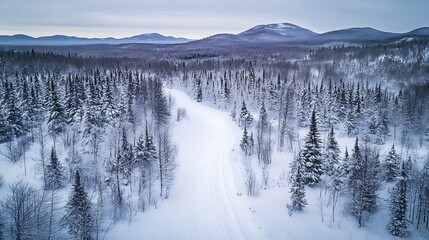 Aerial View of a Snow-Covered Forest Path in Winter