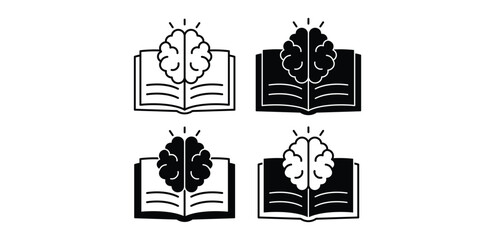 Knowledge Icons Black and White Brain on Open Book Vector Design Illustration