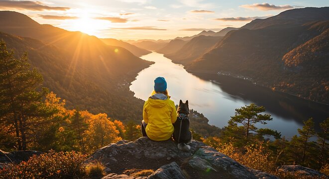 Woman and dog sitting on a rock overlooking a lake surrounded by mountains at sunset enjoying the view