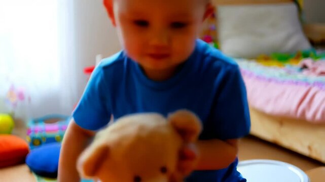 Cute toddler holding teddy bear in colorful playroom with toys and natural light

