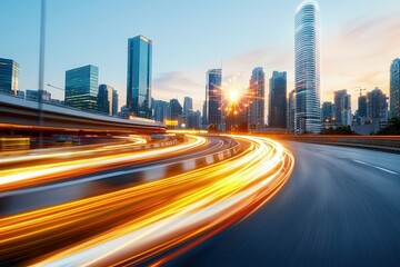 Obraz premium 5g networks connectivity AI integration Dynamic cityscape with light trails at sunset.