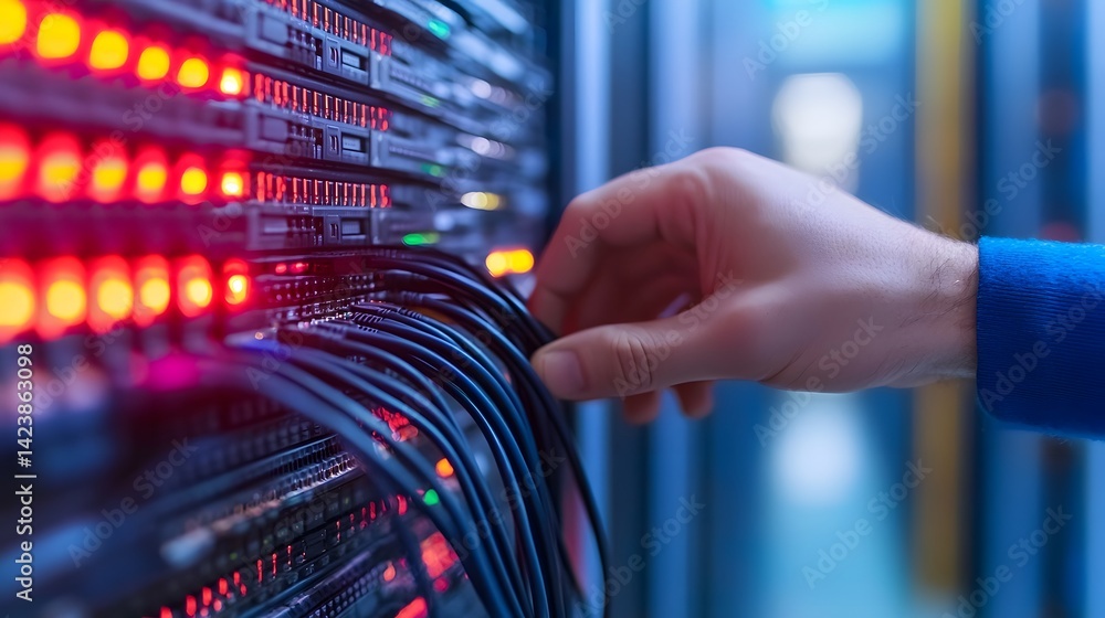 Poster technician adjusting network cables in modern data center for high-speed internet infrastructure