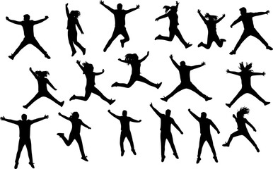 Silhouettes of people jumping and flying on a white background
