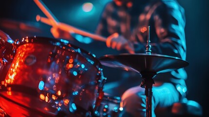 A drummer playing drums and cymbals under colorful stage lighting