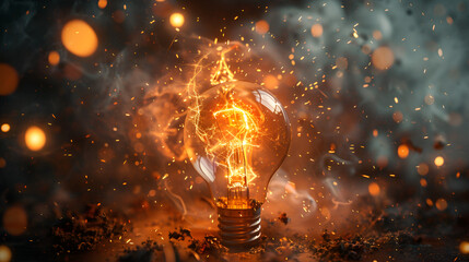 Incandescent lightbulb shattering with intense orange energy, visible filament, swirling smoke, and golden bokeh, symbolizing powerful ideas and creative bursts.
