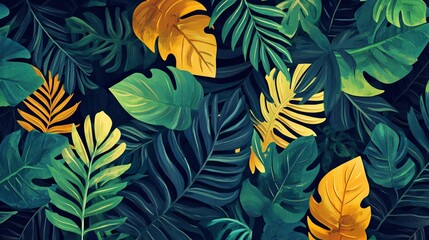 Tropical jungle plants seamless pattern showing lush foliage