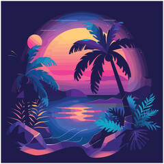 Retro Tropical Beach Vibes with Neon Sunset and Palm Trees
