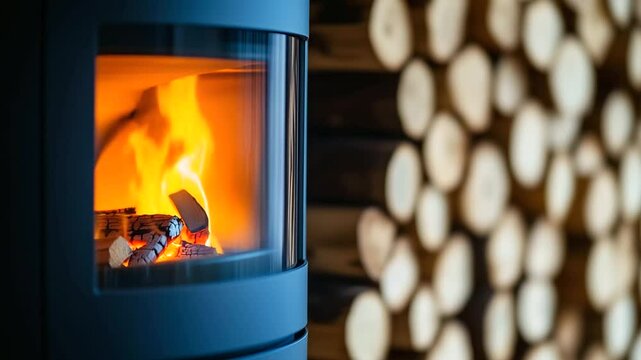 A stylish black pellet stove emits a comforting glow from its burning fire. The surrounding modern interior features wooden logs neatly stored for an economical, eco-friendly heati