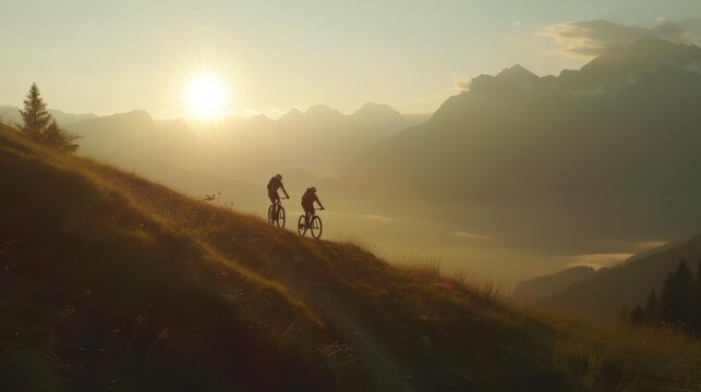 Two cyclists travel along trails between mountains and plains. - Powered by Adobe