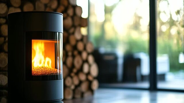 A contemporary pellet stove radiates warmth through its transparent glass panel. The flickering flames contrast beautifully with wooden logs in the background, reinforcing sustaina