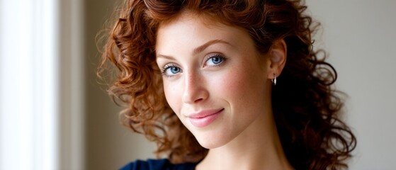 Fototapeta premium Portrait of a woman with curly red hair, blue eyes, and a subtle smile, looking directly at the viewer