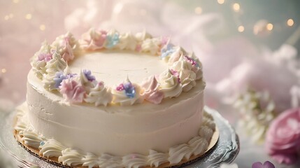 Birthday cake with white icing and pastel floral accents presented in a soft dreamy atmosphere