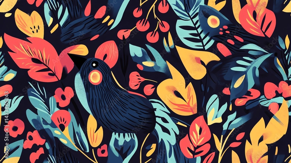 Poster dark tropical bird hiding in colorful foliage seamless pattern