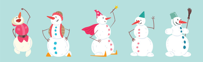 Funny Snowman Winter Figure Character with Face and Arms Vector Set