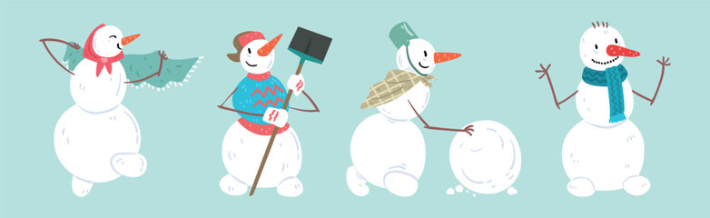 Funny Snowman Winter Figure Character with Face and Arms Vector Set