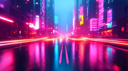 Obraz premium Vibrant Neon-Lit Urban Street with Blurred Motion and Glowing Lights