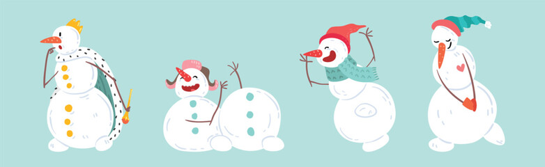 Funny Snowman Winter Figure Character with Face and Arms Vector Set