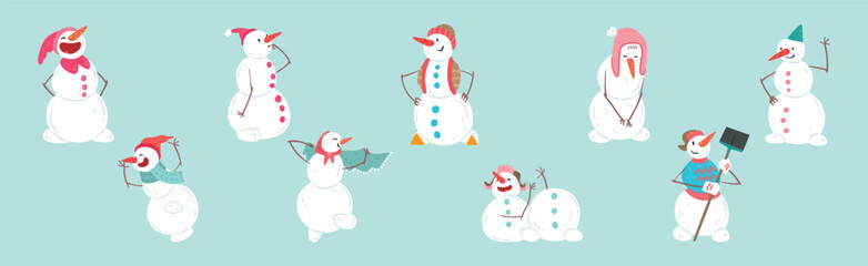 Funny Snowman Winter Figure Character with Face and Arms Vector Set