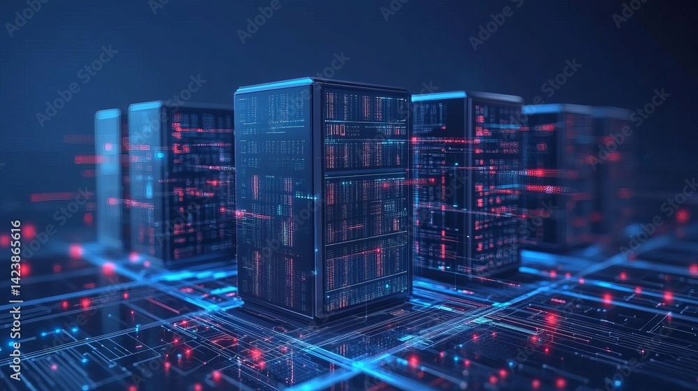 Poster futuristic digital server room technology data center network infrastructure modern advanced computi