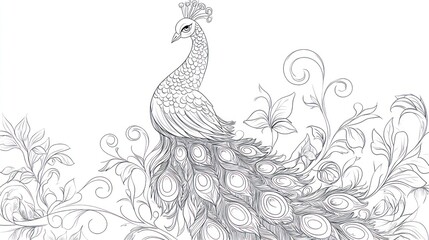 Fototapeta premium Ornate peacock design, floral background, line art, coloring book, printable