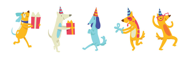 Dog Puppy at Birthday Party Celebrate Holiday Vector Set