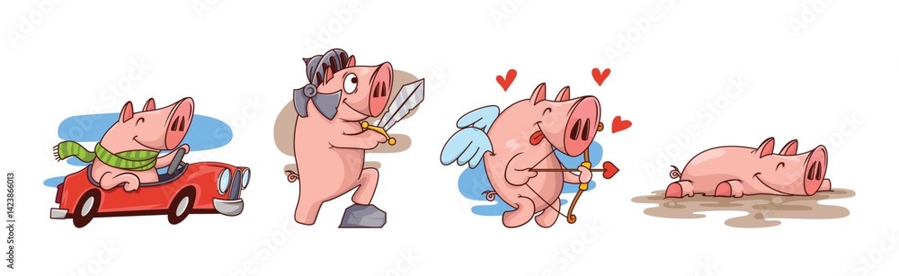 Poster funny pink pig character engaged in different activity vector set