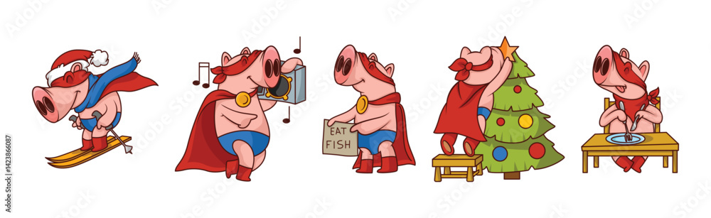 Poster funny pink pig character in red cape engaged in different activity vector set