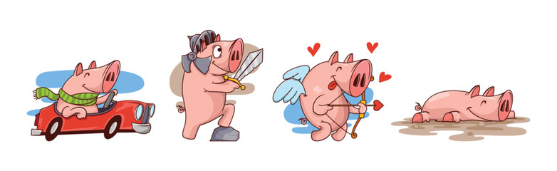 Funny Pink Pig Character Engaged in Different Activity Vector Set