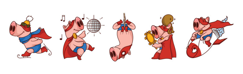 Funny Pink Pig Character in Red Cape Engaged in Different Activity Vector Set