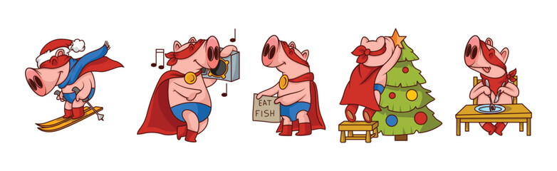 Funny Pink Pig Character in Red Cape Engaged in Different Activity Vector Set