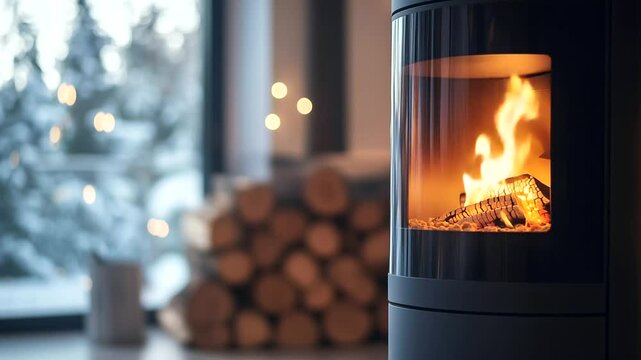 A modern pellet stove with a glowing fire radiates warmth through its glass window. Wooden logs rest in the background, symbolizing an efficient and sustainable heating choice.