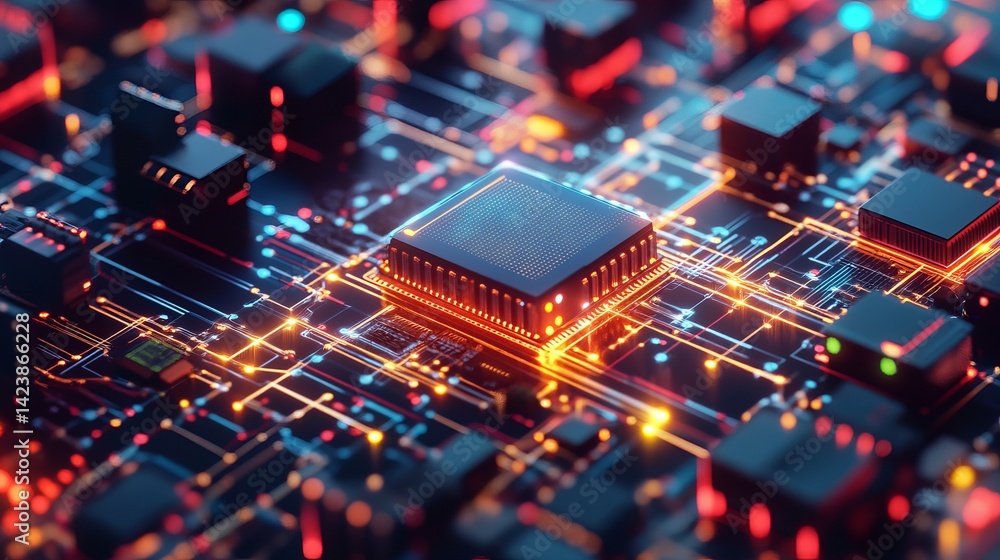 Poster abstract digital circuit board technology background modern hightech processor glowing lines network