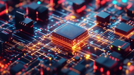 Obraz premium Abstract Digital Circuit Board Technology Background Modern HighTech Processor Glowing Lines Network Connections Futuristic Design Innovative Technology Electronic Components Digital Microchip Science