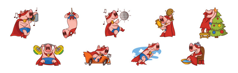 Funny Pink Pig Character in Red Cape Engaged in Different Activity Vector Set
