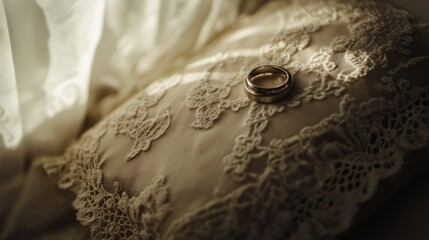 Elegant wedding ring rests gently on a vintage lace cushion