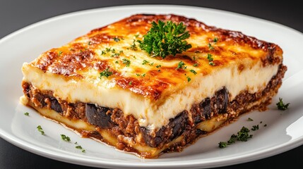 Traditional Greek moussaka with eggplant and b&Atilde;&copy;chamel sauce on an absolutely white background.