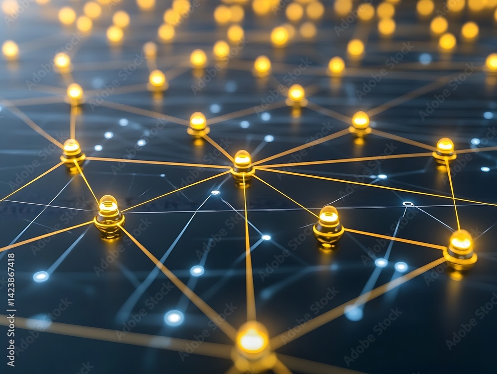 Poster illuminated nodes connected by lines represent a digital network system