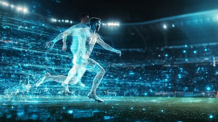 Digital Football Player Running with Visual Effects at Stadium, High-Tech Sports Innovation - Powered by Adobe