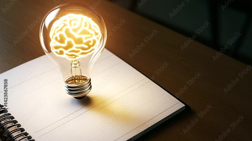 Poster a high-tech light bulb with a brain-shaped filament rests on a notepad. the futuristic glow symboliz