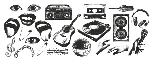 Photocopy effect music elements set. Eyes, vinyl record, hands, mouth, cassette. Grunge punk dotted texture for collage design. Retro vector illustration.