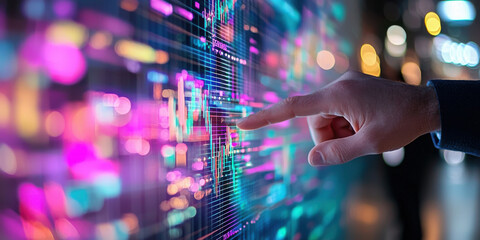 Close up of hand pointing at vibrant digital display with colorful graphs and data visualizations, showcasing technology and innovation