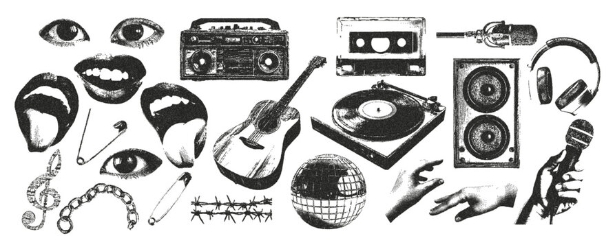 Photocopy effect music elements set. Eyes, vinyl record, hands, mouth, cassette. Grunge punk dotted texture for collage design. Retro vector illustration.