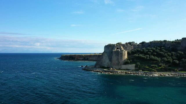 The tower of Koroni Castle overlooking the coast in Europe, Greece, Peloponnese, Mani, in summer, on a sunny day.&nbsp;