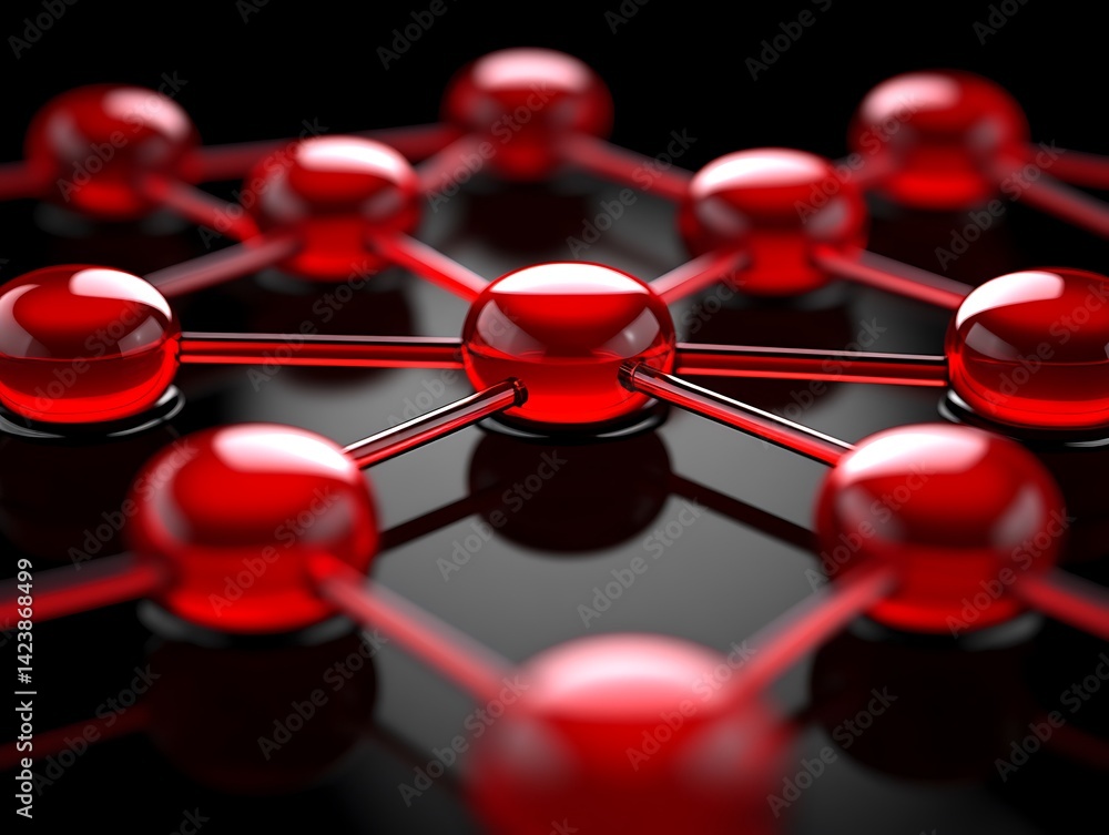 Poster connected network of translucent red spheres with transparent connecting rods