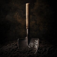 Vintage shovel in dark earth, studio shot