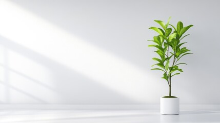 A potted green plant standing alone in a minimalist white room with natural sunlight streaming through a window, and serene and modern interior design concept.