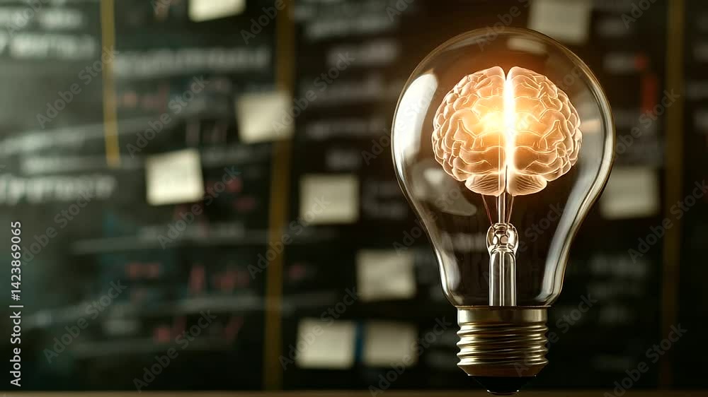 Poster a detailed brain inside a filament-style light bulb glows warmly over notes and diagrams. a powerful